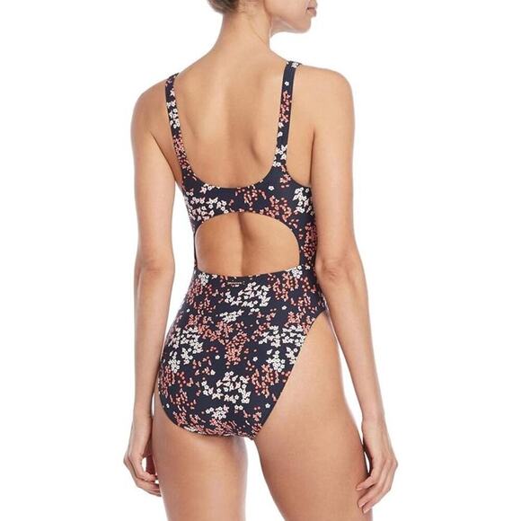 Michael Michael Kors Scattered Blooms One-Piece Swimsuit with Tie Front Navy 12 - Picture 2 of 11